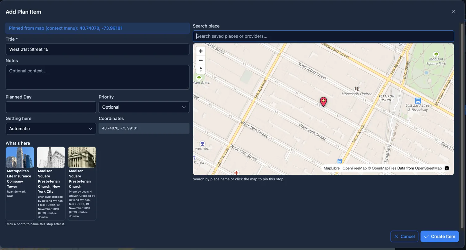 Add Plan Item dialog with place search, travel mode, and nearby places