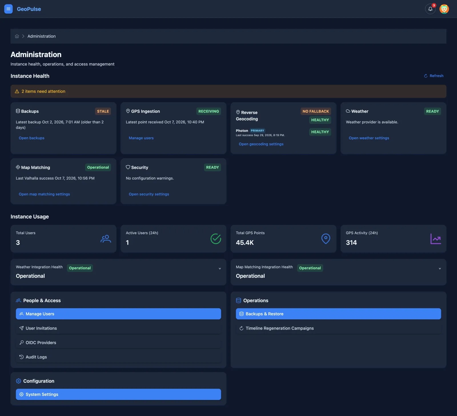 Administration overview with instance health, usage, and admin shortcuts