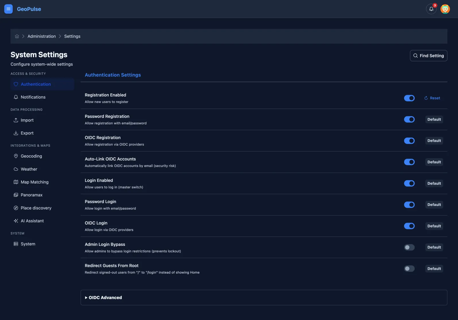 System Settings with authentication options