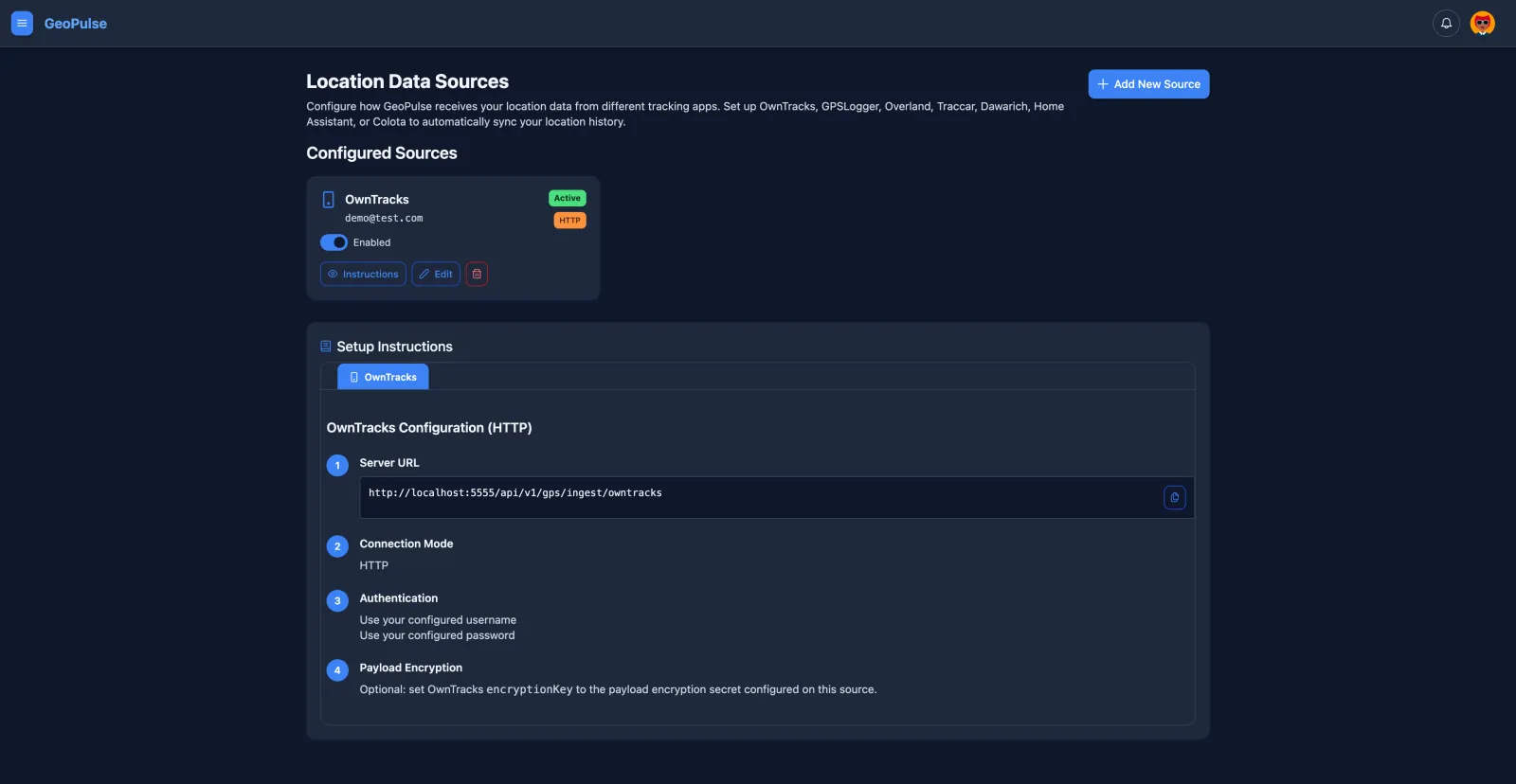 Location Sources page with a configured OwnTracks source and setup instructions
