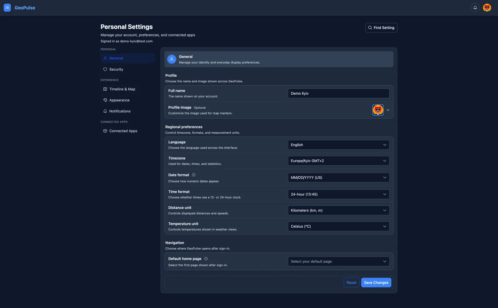 Personal Settings with profile and regional preferences