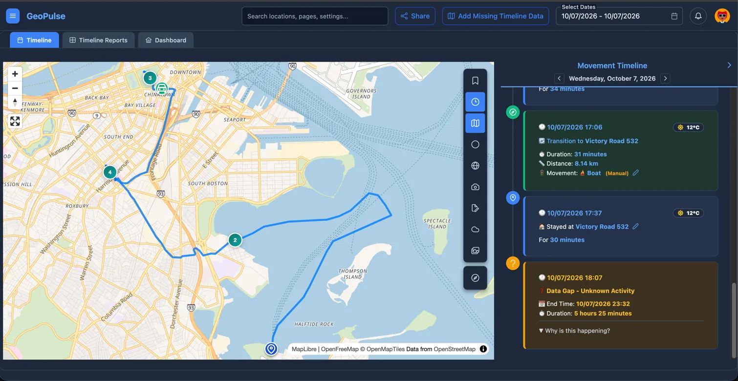 GeoPulse Timeline with a route map and stay and trip cards