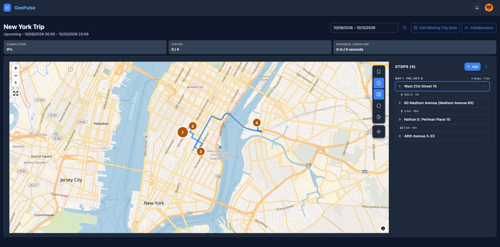 Trip Workspace with planned stops on the map and the Stops panel