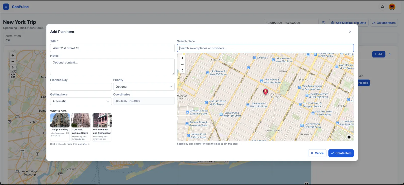 Add Plan Item dialog with place search, travel mode, and nearby places