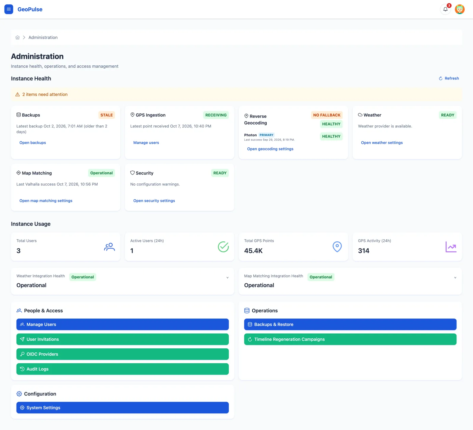 Administration overview with instance health, usage, and admin shortcuts