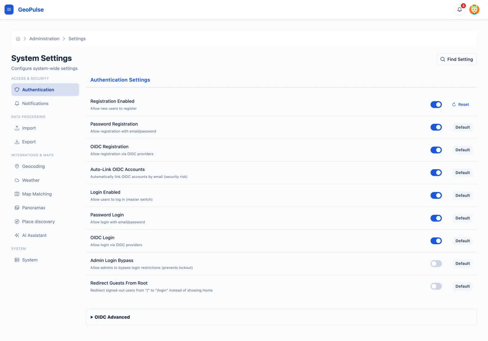 System Settings with authentication options