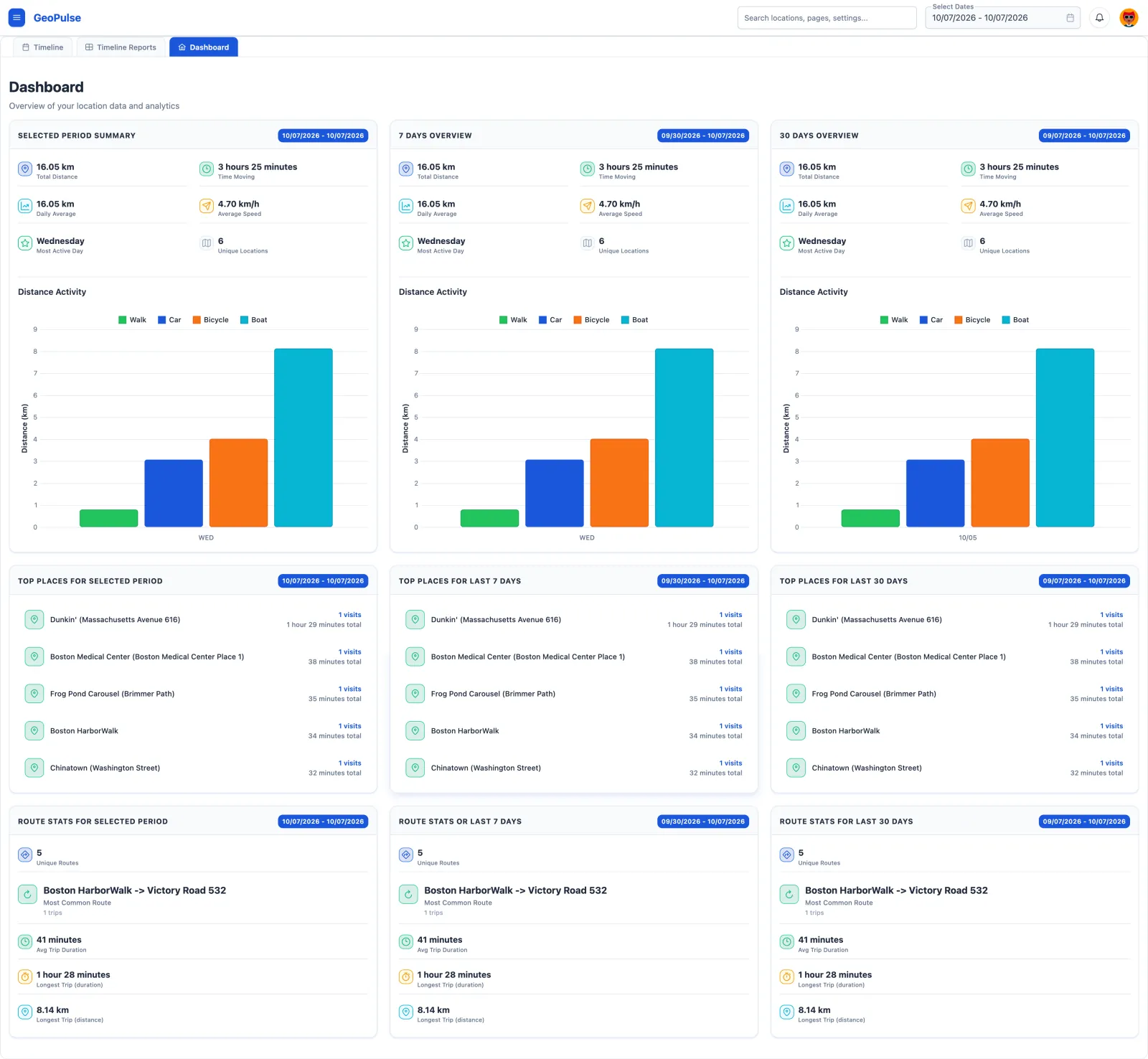 Dashboard with period summaries, distance charts, top places, and route stats