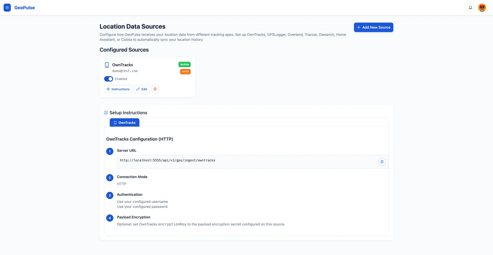 Location Sources page with a configured OwnTracks source and setup instructions