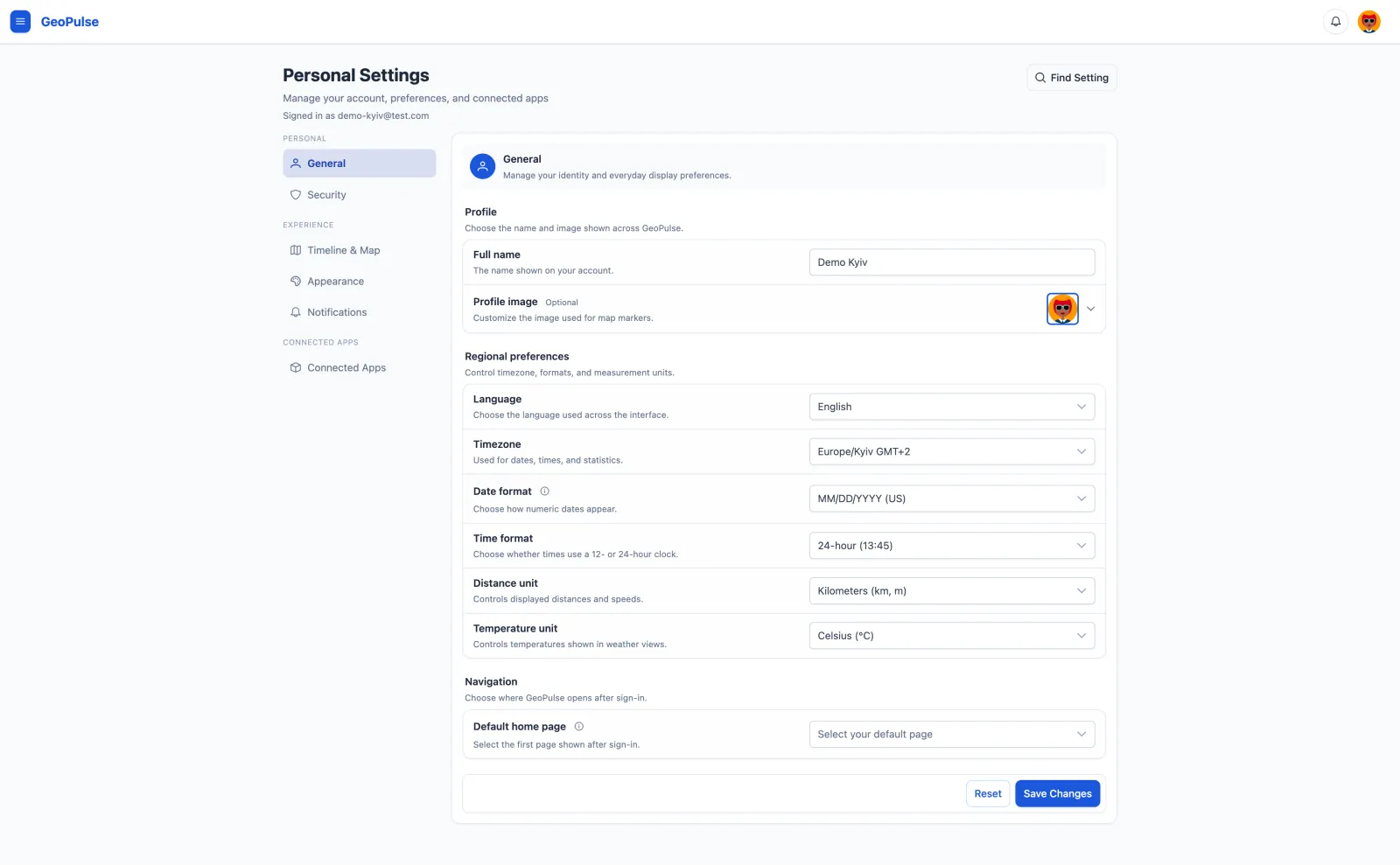 Personal Settings with profile and regional preferences