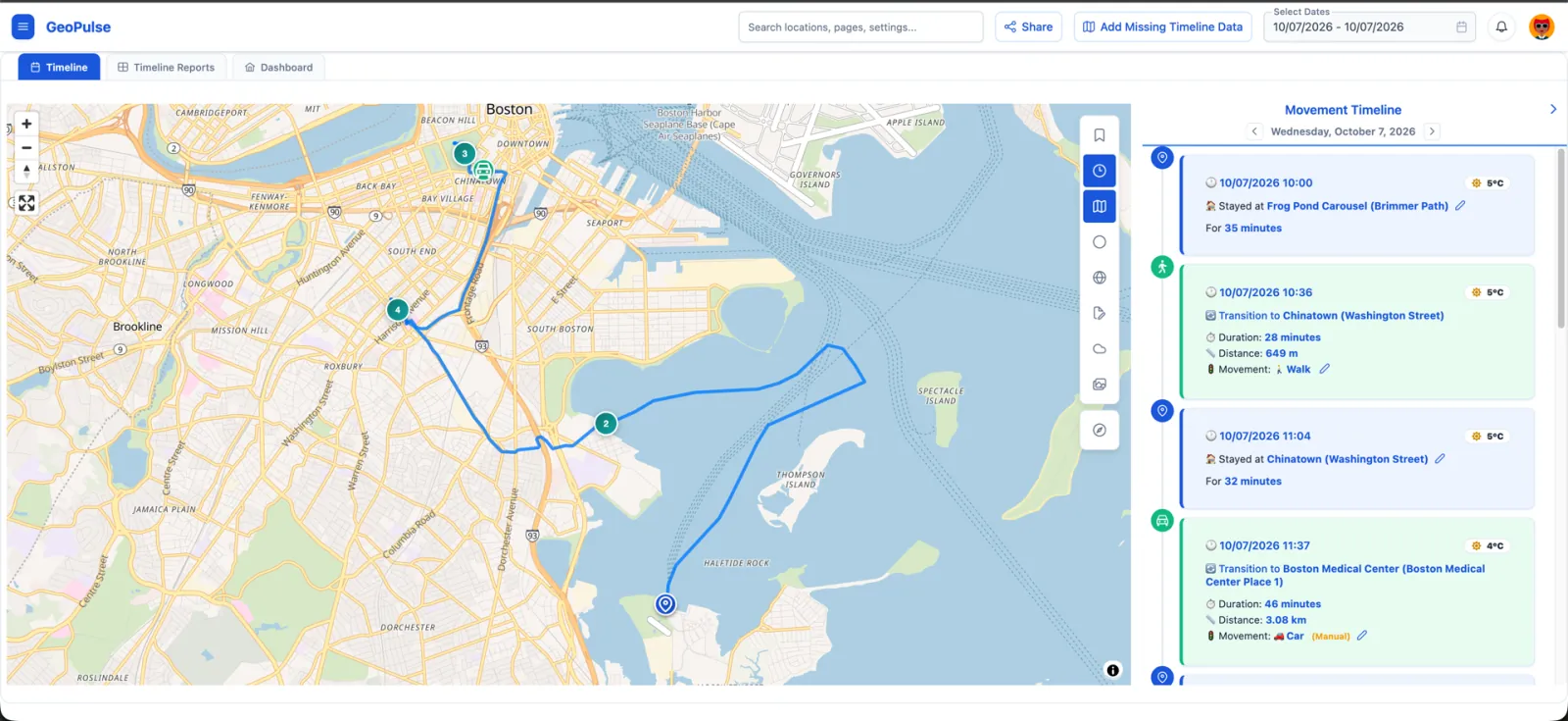 GeoPulse Timeline with a route map and stay and trip cards
