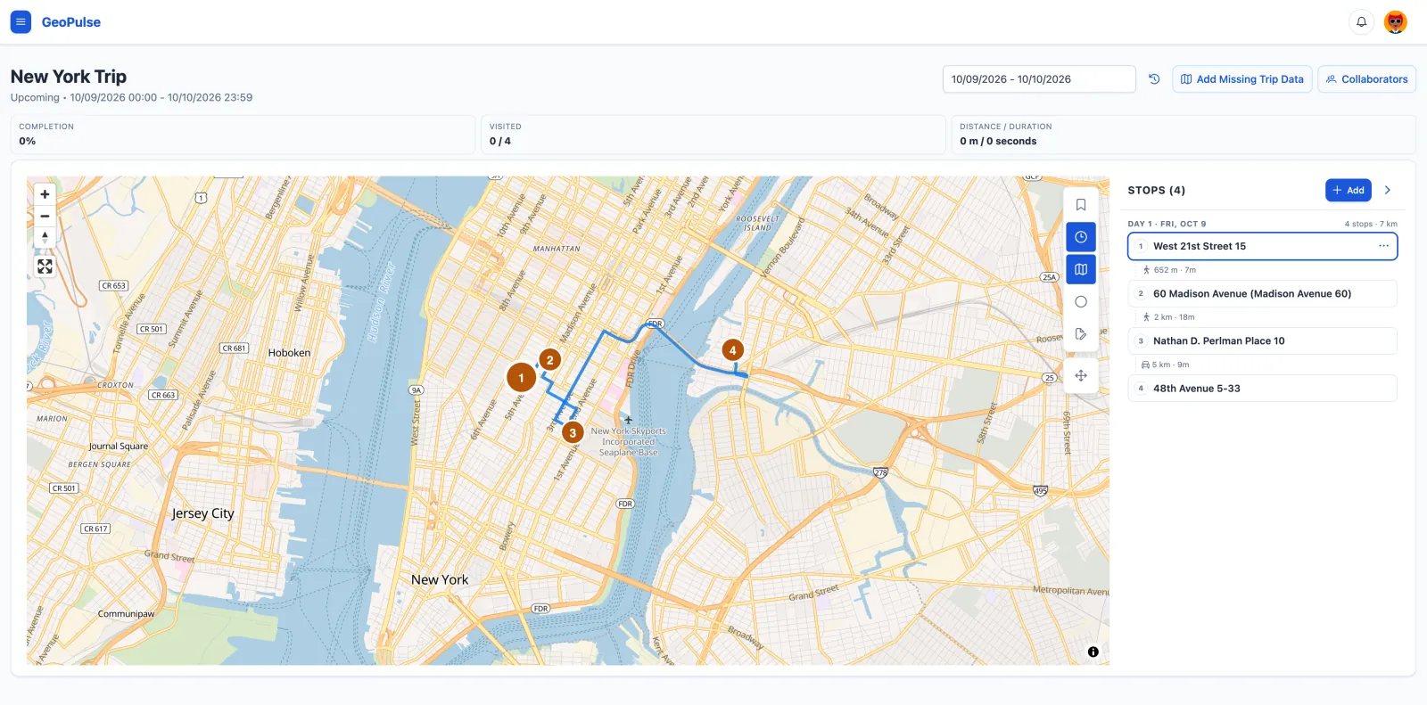 Trip Workspace with planned stops on the map and the Stops panel